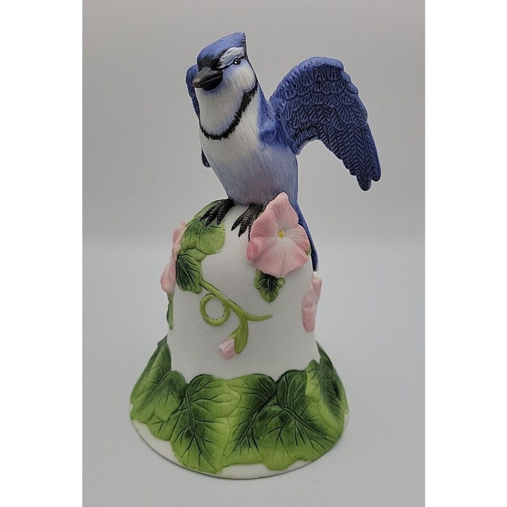 Vtg AVON Ceramic Porcelain Blue Jay & Flowers Bell 2001 EUC Bird Lovers Decor